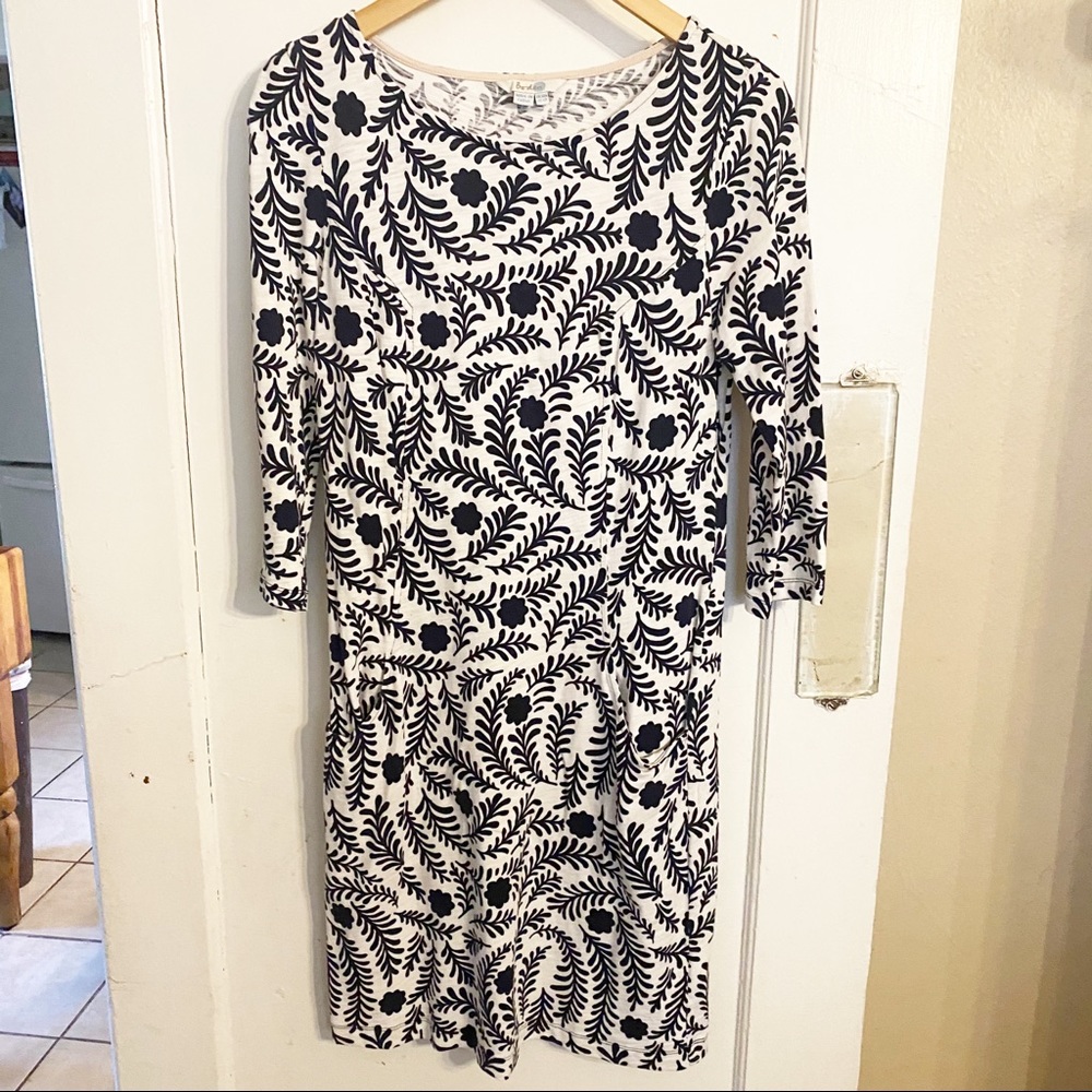 Boden Ponte Long sleeve navy and white pattern dress